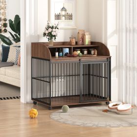 GO 44'' Heavy Duty Large Dog Crate Furniture for Large Medium Dog with Lockable Wheels, Wooden Dog Crate Dog Kennel