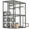 Outdoor Wooden Cat Catio - Large Solid Wood Cat Cage Playpen with 2 Jumping Platforms & 7 Napping Houses, Walk-in Cat Kennel Condo Shelter, Grey